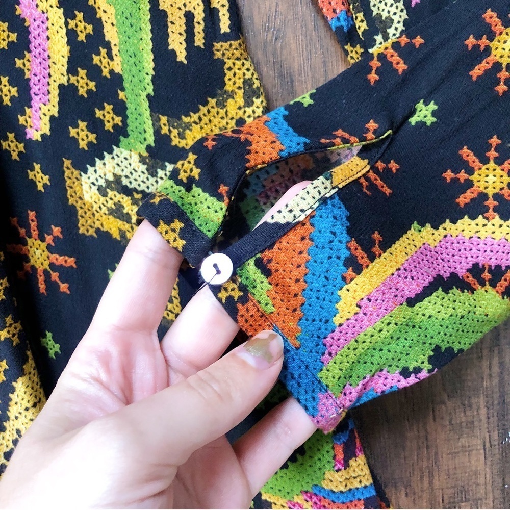 Farm Rio • Macaw Island Dress long sleeve maxi black cross stitch print - Picture 8 of 16